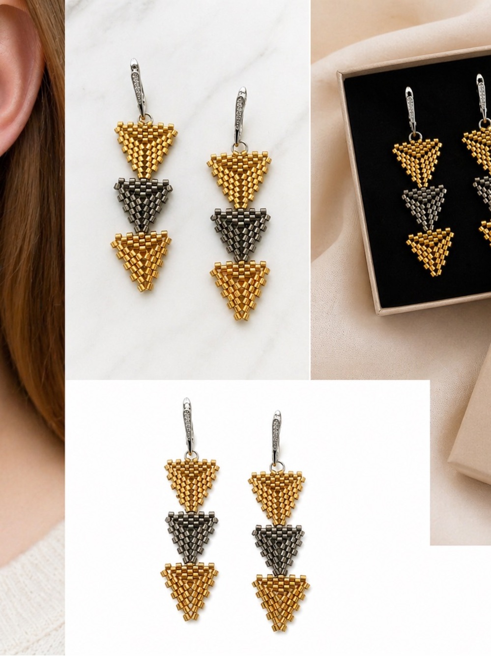 Beaded Triangle Drop Earrings - Gold and Silver